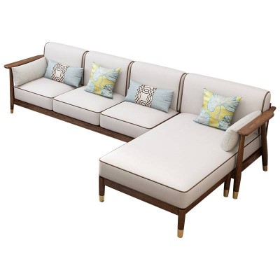 Modern Nordic Sectional Armrest Wooden Sofa Living Room Furniture Set L Shape Wood Sofa Bed With Fabric Design