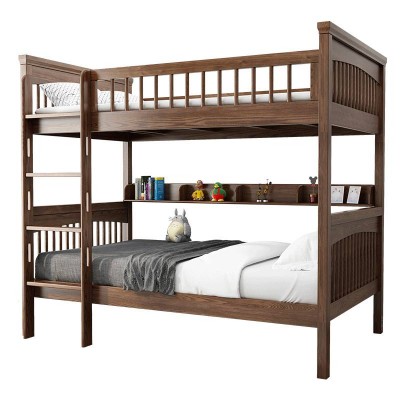 High Quality Kids Bedroom Children Wooden Bunk Bed With Stairs And Bookshelf Walnut Wood Bed 2 Layer For Children Room